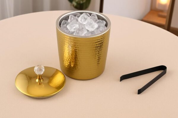 Luxurious Gold Hammered W/Crystal Knob Double Wall Ice Bucket with Crystal Handle and Tongs | Size- 7" x 7"