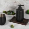 Matte Black Bathroom Accessory Set 'Soap, Lotion or Sanitizer Dispenser W/Tray' 425ml & Accessory Holder, Refillable Pump, Stainless Steel & Wooden Tray'