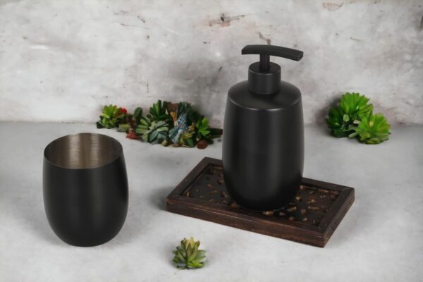 Matte Black Bathroom Accessory Set 'Soap, Lotion or Sanitizer Dispenser W/Tray' 425ml & Accessory Holder, Refillable Pump, Stainless Steel & Wooden Tray'