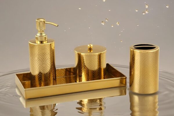 Champagne Gold Finish Antique Design Bathroom Decor 'Soap or Sanitizer Dispenser with Q-tip Jar, Accessories Holder & Tray 10" X 4" - Set of 4 Pcs