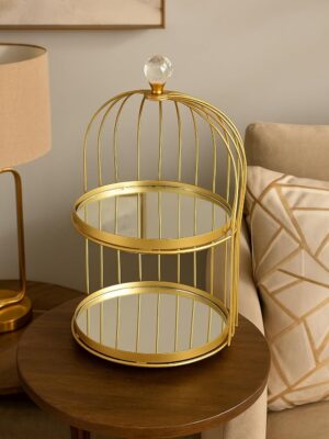 14 Inch Round Gold Metal 2-Tier With Mirror Tray Cake Stand Snack Platter For Home Decor (Gold)