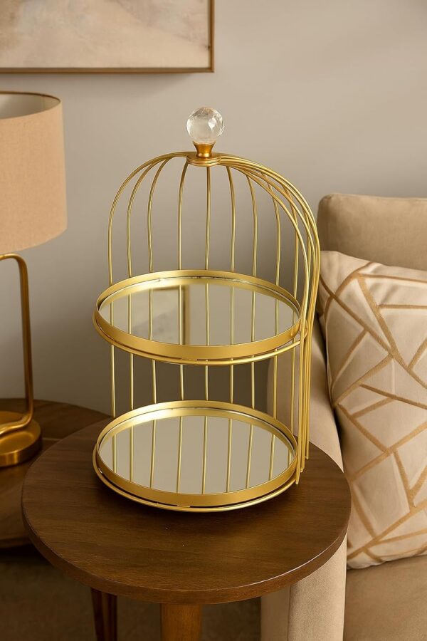 14 Inch Round Gold Metal 2-Tier With Mirror Tray Cake Stand Snack Platter For Home Decor (Gold)
