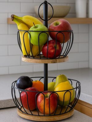 Metal & Wooden 2 tier caddy for Fruits & Multiuse for Home and Kitchen Vegetable Baskets (Black, 16.5 Inches Height)