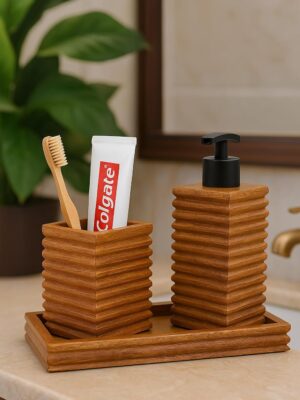 Wooden Ribbed Design Handcrafted Bathroom Accessory Set Soap Dispenser + Accessory Holder & Tray (25L x 15W x 20H) CM