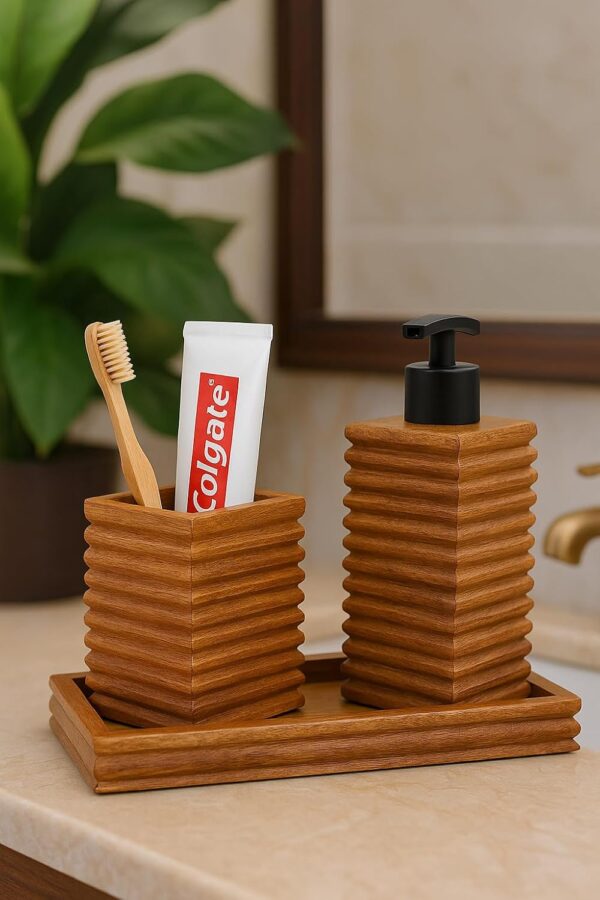 71Z5d2e6h0L._SL1500_ (1) Wooden Ribbed Design Handcrafted Bathroom Accessory Set Soap Dispenser + Accessory Holder & Tray (25L x 15W x 20H) CM