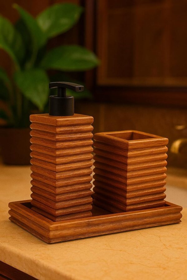71aPMLw5KDL._SL1500_ (1) Wooden Ribbed Design Handcrafted Bathroom Accessory Set Soap Dispenser + Accessory Holder & Tray (25L x 15W x 20H) CM