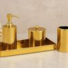 Champagne Gold Finish Antique Design Bathroom Decor 'Soap or Sanitizer Dispenser with Q-tip Jar, Accessories Holder & Tray 10" X 4" - Set of 4 Pcs