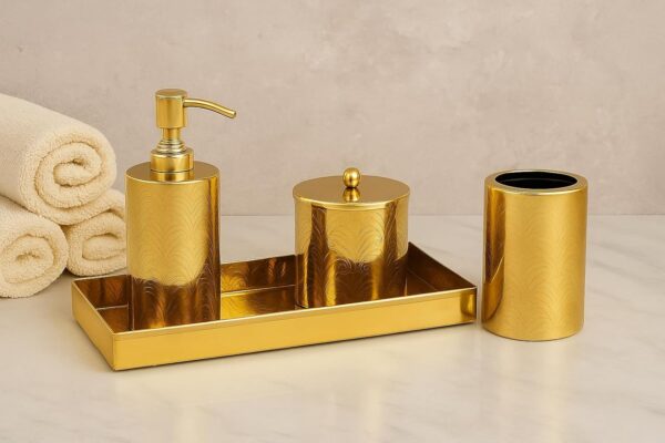 Champagne Gold Finish Antique Design Bathroom Decor 'Soap or Sanitizer Dispenser with Q-tip Jar, Accessories Holder & Tray 10" X 4" - Set of 4 Pcs