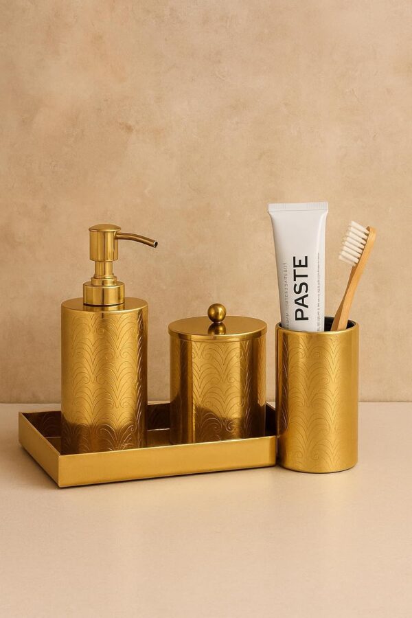 Champagne Gold Finish Antique Design Bathroom Decor 'Soap or Sanitizer Dispenser with Q-tip Jar, Accessories Holder & Tray 10" X 4" - Set of 4 Pcs
