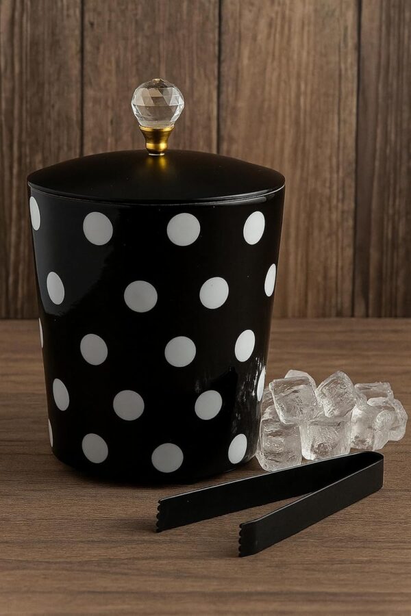 Taoered Double Wall Black & White Polka Dotted Ice Bucket with Lid and Tongs (7" x 7") Stainless Steel 'Ice Bucket'