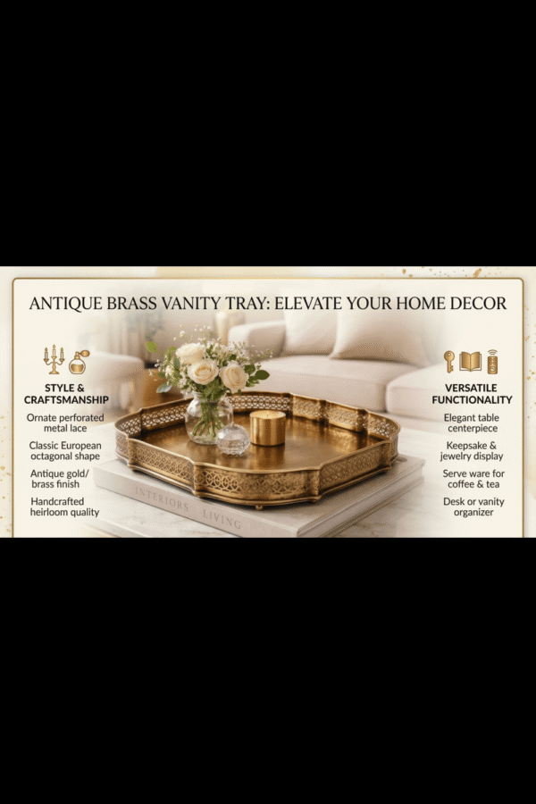 Antique Brass 'Handcrafted Brass & Steel' Serving or Decorative Tray Set of 1 (Large Size), Rectangular, Size- 11.5" (Sqaure),