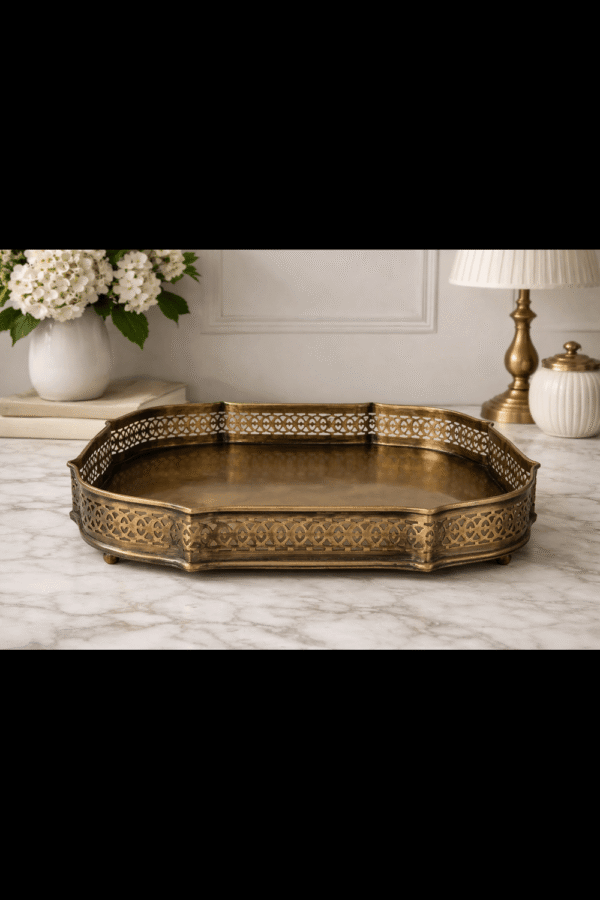 Antique Brass 'Handcrafted Brass & Steel' Serving or Decorative Tray Set of 1 (Large Size), Rectangular, Size- 11.5" (Sqaure),