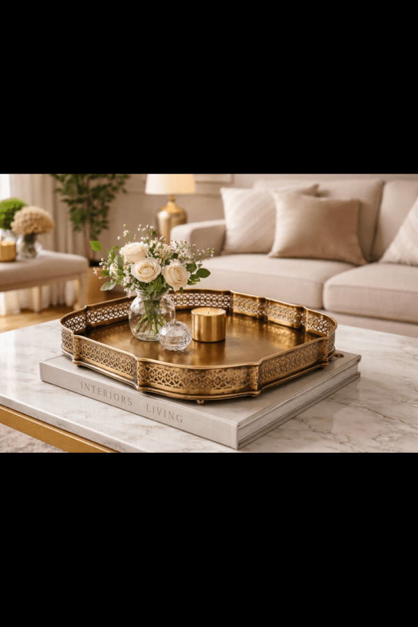 Antique Brass 'Handcrafted Brass & Steel' Serving or Decorative Tray Set of 1 (Large Size), Rectangular, Size- 11.5" (Sqaure),