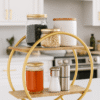Modern 2-Tier Golden Metal & Wooden Kitchen Storage Rack for Home Decor
