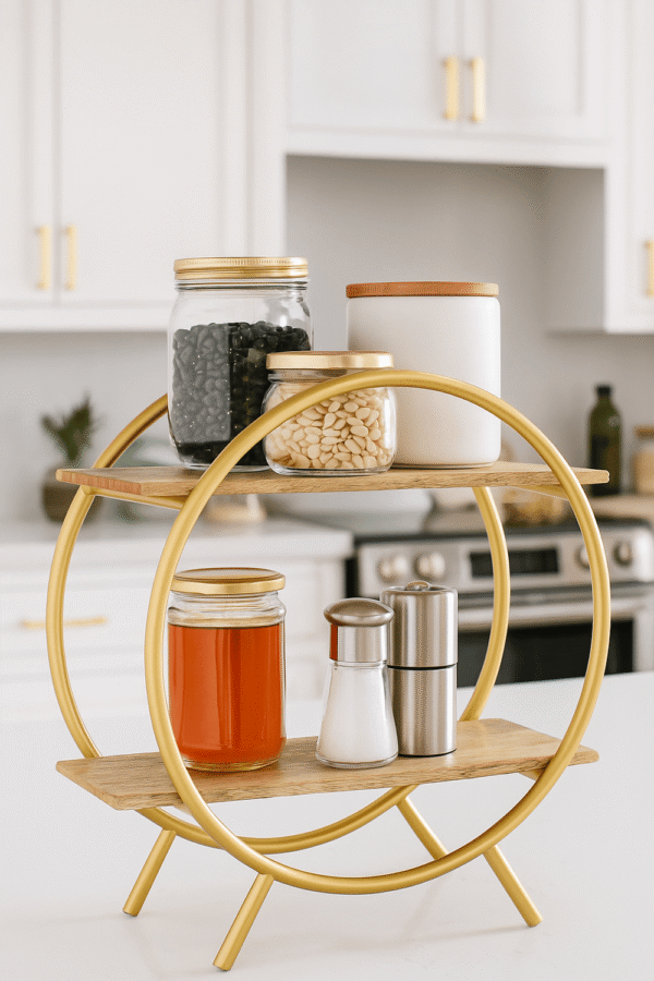 Modern 2-Tier Golden Metal & Wooden Kitchen Storage Rack for Home Decor