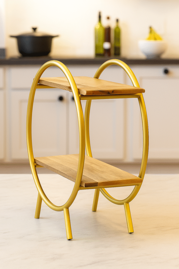 Modern 2-Tier Golden Metal & Wooden Kitchen Storage Rack for Home Decor
