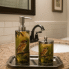 Luxury Enamel Coated Bathroom Set with Bird Design – Soap Dispenser, Tumbler & Tray | Premium Vanity Countertop Accessories for Modern Home & Guest Bathroom Décor
