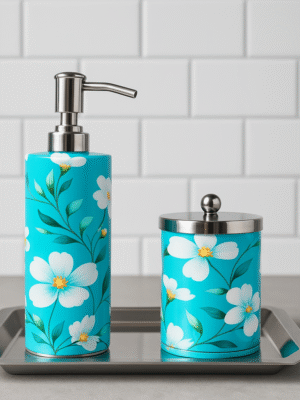 Enamel Coated Stainless Steel Floral Bathroom Set with Tray – Soap Dispenser & Storage Jar (23L, 14W, 23H cm)