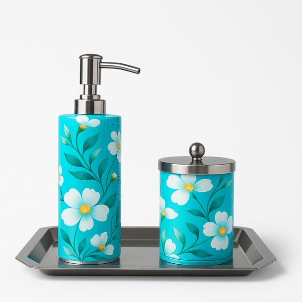 Enamel Coated Stainless Steel Floral Bathroom Set with Tray – Soap Dispenser & Storage Jar (23L, 14W, 23H cm)