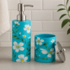 Enamel Coated Stainless Steel Floral Bathroom Set with Tray – Soap Dispenser & Storage Jar (23L, 14W, 23H cm)