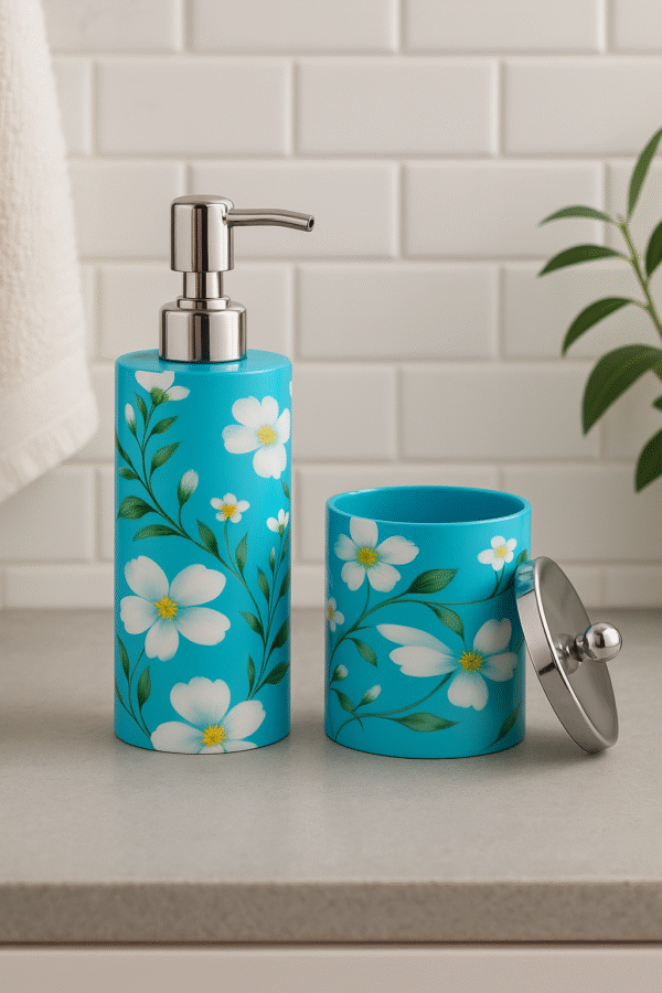 Enamel Coated Stainless Steel Floral Bathroom Set with Tray – Soap Dispenser & Storage Jar (23L, 14W, 23H cm)