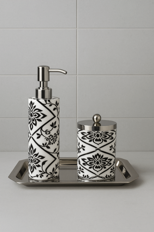 Luxury Enamel-Coated Stainless Steel Bathroom Set with Tray – Black & White Floral Design