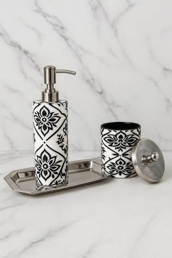 Luxury Enamel-Coated Stainless Steel Bathroom Set with Tray – Black & White Floral Design