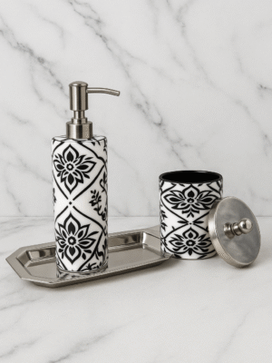Luxury Enamel-Coated Stainless Steel Bathroom Set with Tray – Black & White Floral Design