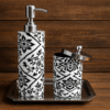 Luxury Enamel-Coated Stainless Steel Bathroom Set with Tray – Black & White Floral Design