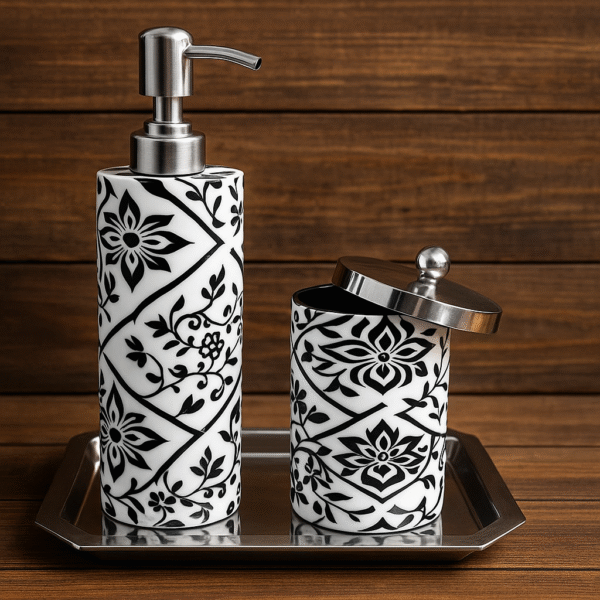 Luxury Enamel-Coated Stainless Steel Bathroom Set with Tray – Black & White Floral Design