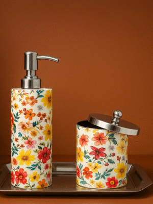 ChatGPT Image Sep 5, 2025, 11_23_52 AM "Floral Enamel Coated Bathroom Dispenser & Jar Set with Tray – Premium Stainless Steel Finish"