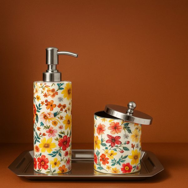"Floral Enamel Coated Bathroom Dispenser & Jar Set with Tray – Premium Stainless Steel Finish"
