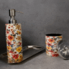 "Floral Enamel Coated Bathroom Dispenser & Jar Set with Tray – Premium Stainless Steel Finish"