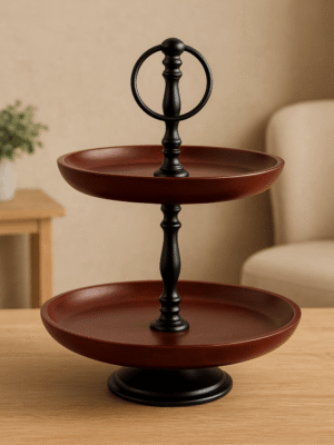 2 Tier Cake or Cookie Stand Mahogany Wood & Black Finish Made of Wood & Metal 'Made in India'