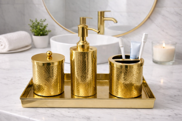 Champagne Gold Finish Antique Design Bathroom Decor 'Soap or Sanitizer Dispenser with Q-tip Jar, Accessories Holder & Tray 10" X 4" - Set of 4 Pcs