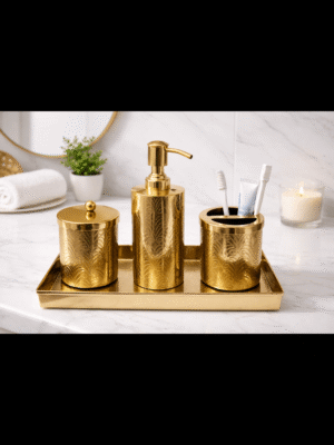 bathroom set (2) (1) Champagne Gold Finish Antique Design Bathroom Decor 'Soap or Sanitizer Dispenser with Q-tip Jar, Accessories Holder & Tray 10" X 4" - Set of 4 Pcs