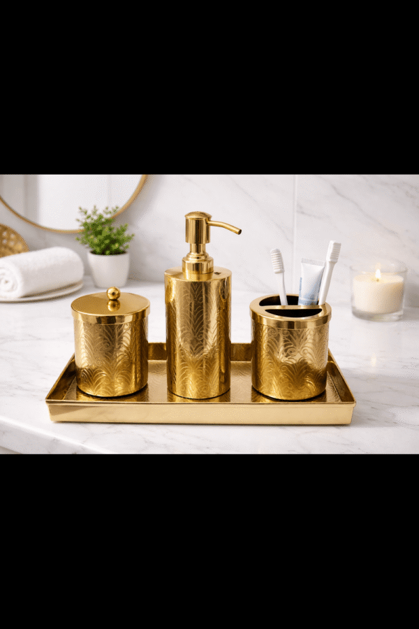 Champagne Gold Finish Antique Design Bathroom Decor 'Soap or Sanitizer Dispenser with Q-tip Jar, Accessories Holder & Tray 10" X 4" - Set of 4 Pcs