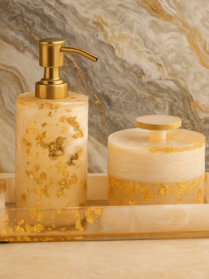 Resin Gold Foil Bathroom Accessory Set, 3-Piece with Dispenser, Storage Jar and Tray, 23 x 12 x 20 cm