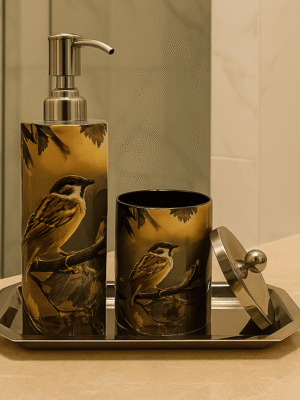 Luxury Enamel Coated Bathroom Set with Bird Design – Soap Dispenser, Tumbler & Tray | Premium Vanity Countertop Accessories for Modern Home & Guest Bathroom Décor