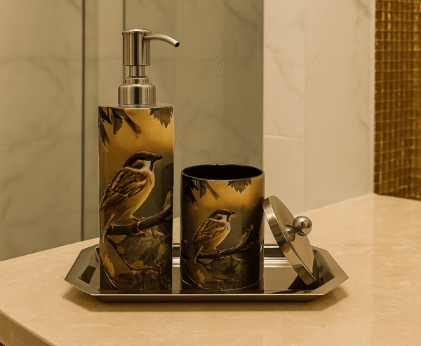 Luxury Enamel Coated Bathroom Set with Bird Design – Soap Dispenser, Tumbler & Tray | Premium Vanity Countertop Accessories for Modern Home & Guest Bathroom Décor