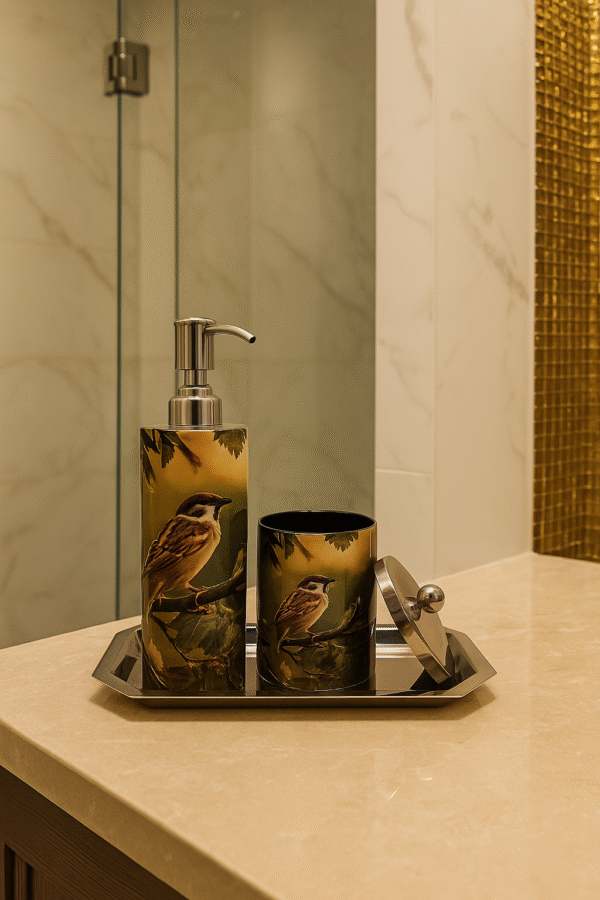 Luxury Enamel Coated Bathroom Set with Bird Design – Soap Dispenser, Tumbler & Tray | Premium Vanity Countertop Accessories for Modern Home & Guest Bathroom Décor