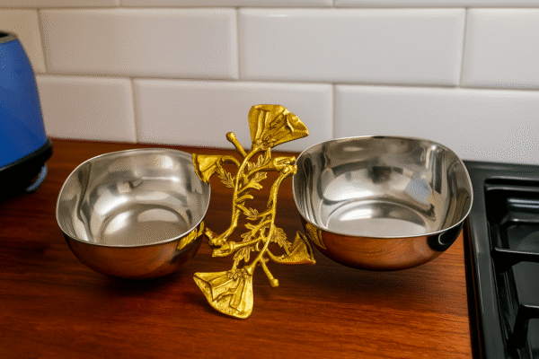 Premium Double Dry Fruit Serving Bowl with Brass Leaf Handle – Dual Compartment Stainless Steel Nuts & Snacks Server for Home & Festive Gifting