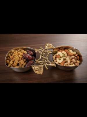 Premium Double Dry Fruit Serving Bowl with Brass Leaf Handle – Dual Compartment Stainless Steel Nuts & Snacks Server for Home & Festive Gifting