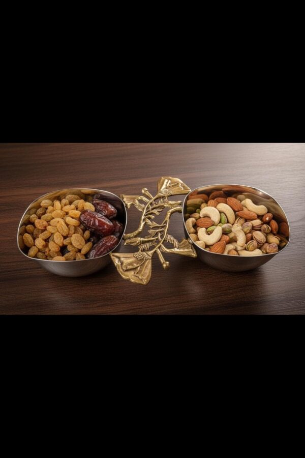 Premium Double Dry Fruit Serving Bowl with Brass Leaf Handle – Dual Compartment Stainless Steel Nuts & Snacks Server for Home & Festive Gifting