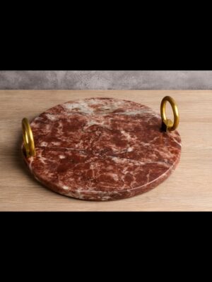 Premium Red Cherry Marble Serving Tray with Solid Brass Handles – 12" Round