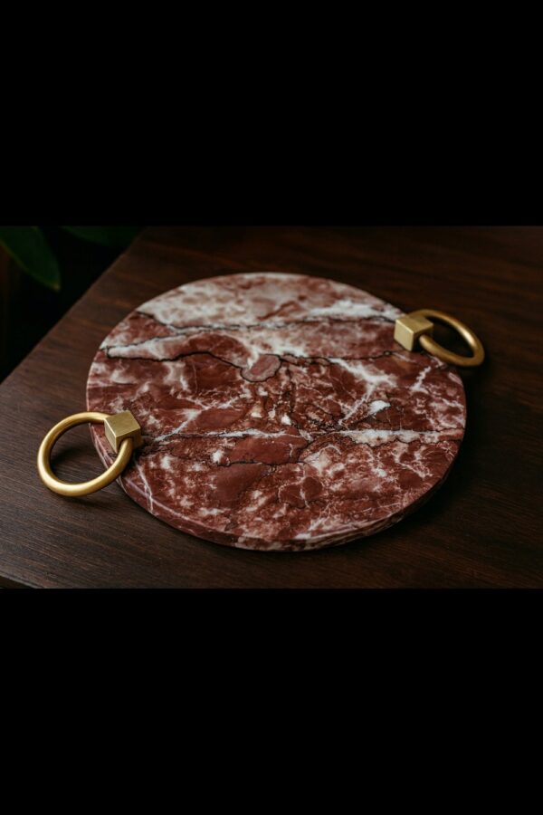 Premium Red Cherry Marble Serving Tray with Solid Brass Handles – 12" Round