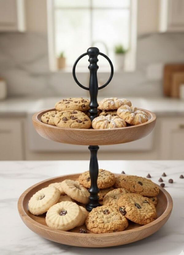 Premium 2-Tier Wooden Cake Stand with Metal Handle – 10" × 10" × 16" Inches