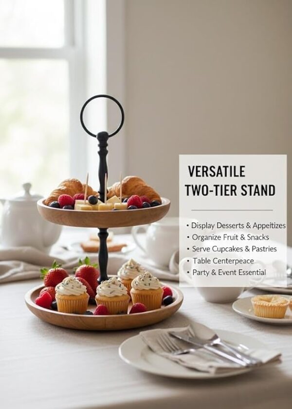 Premium 2-Tier Wooden Cake Stand with Metal Handle – 10" × 10" × 16" Inches