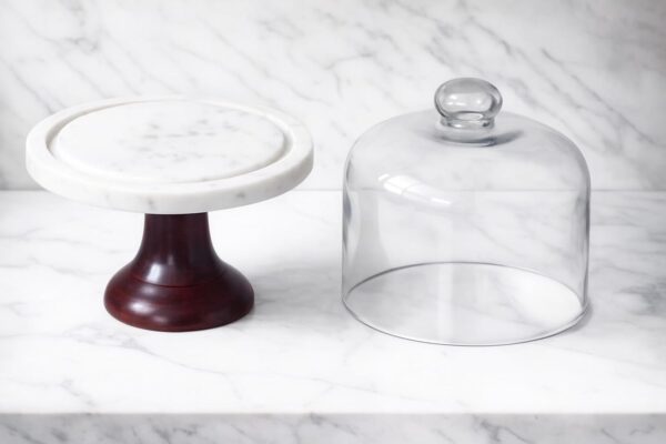 Premium Marble & Wood Cake Stand with Glass Dome Cover