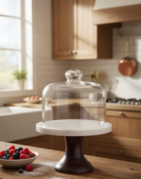 Premium Marble & Wood Cake Stand with Glass Dome Cover